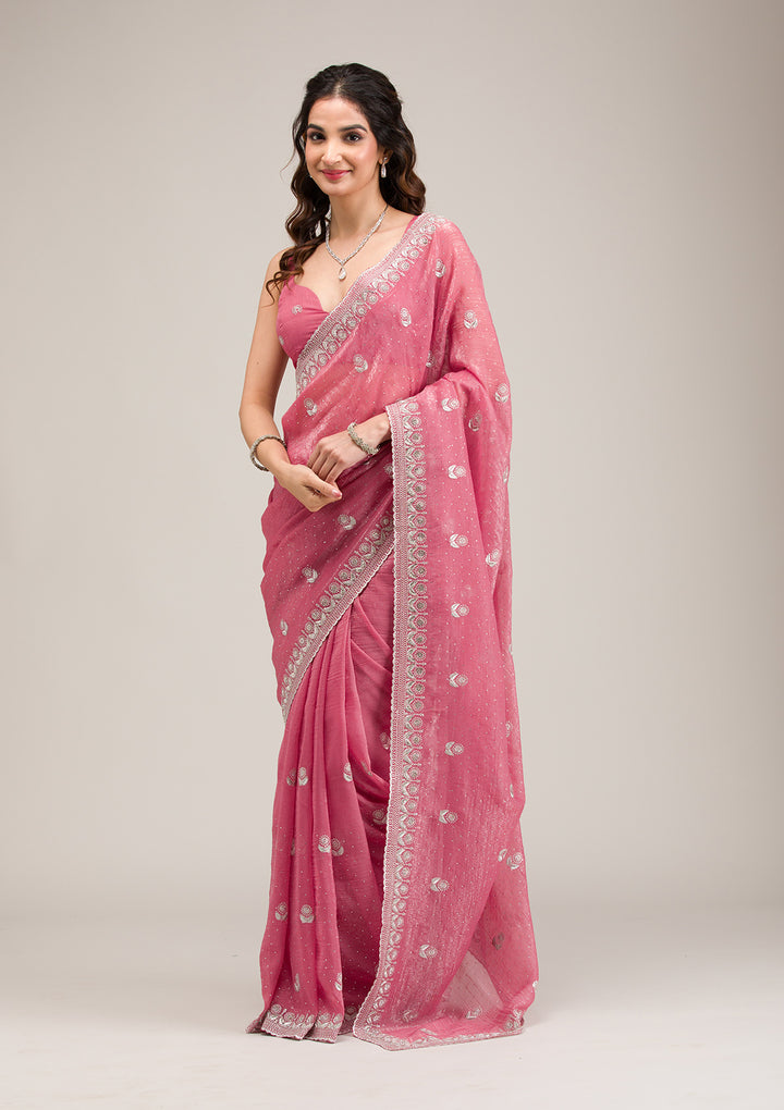 Pink Tissue Silver Zariwork Saree With Matching Blouse Piece