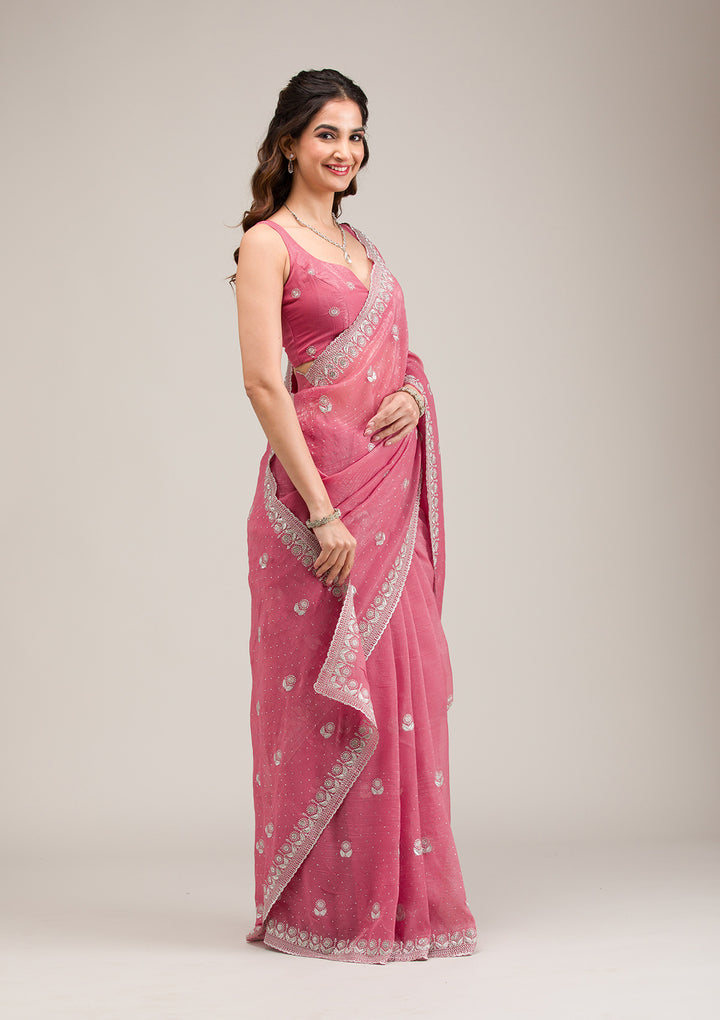 Pink Tissue Silver Zariwork Saree With Matching Blouse Piece