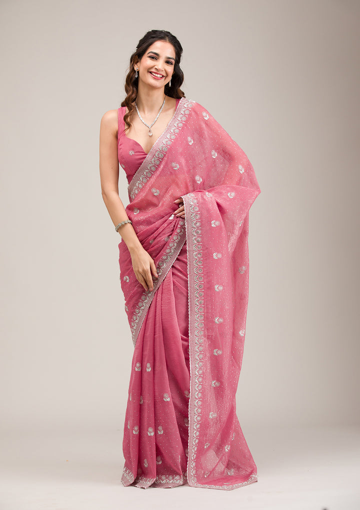 Pink Tissue Silver Zariwork Saree With Matching Blouse Piece