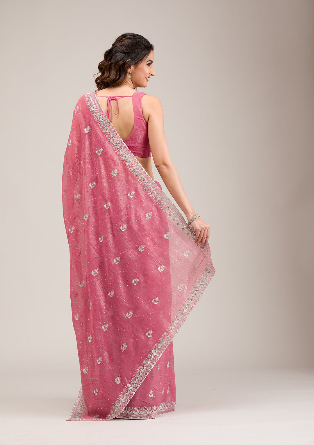 Pink Tissue Silver Zariwork Saree With Matching Blouse Piece