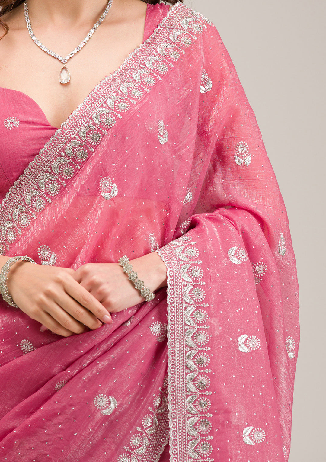 Pink Tissue Silver Zariwork Saree With Matching Blouse Piece