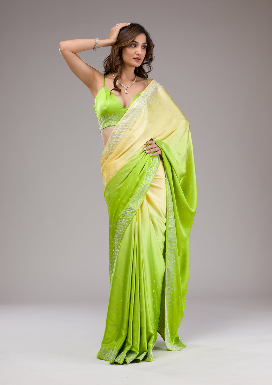 Pista Green Satin Bandhej Gold Stonework Saree With Matching Blouse Piece