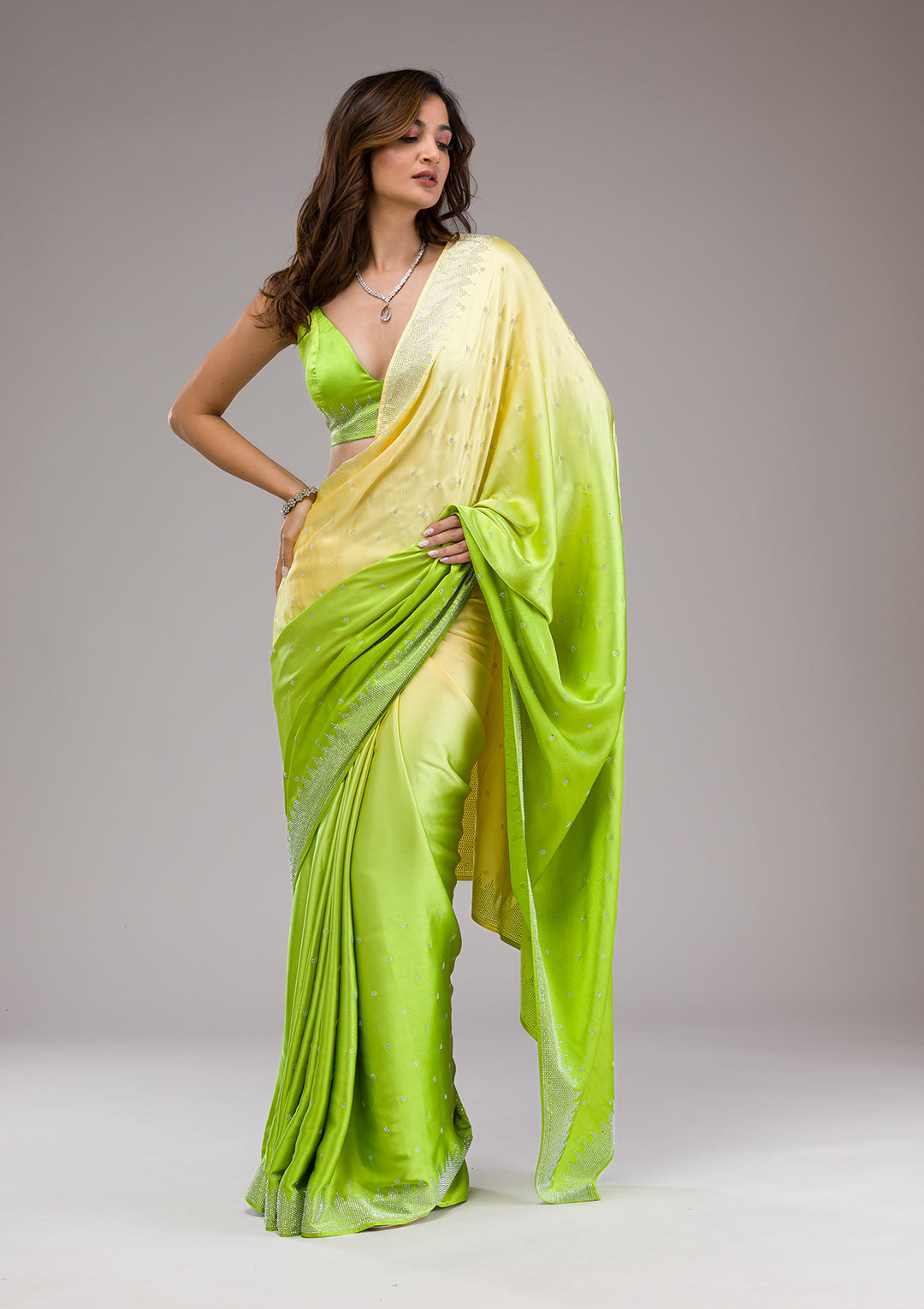 Pista Green Satin Bandhej Gold Stonework Saree With Matching Blouse Piece