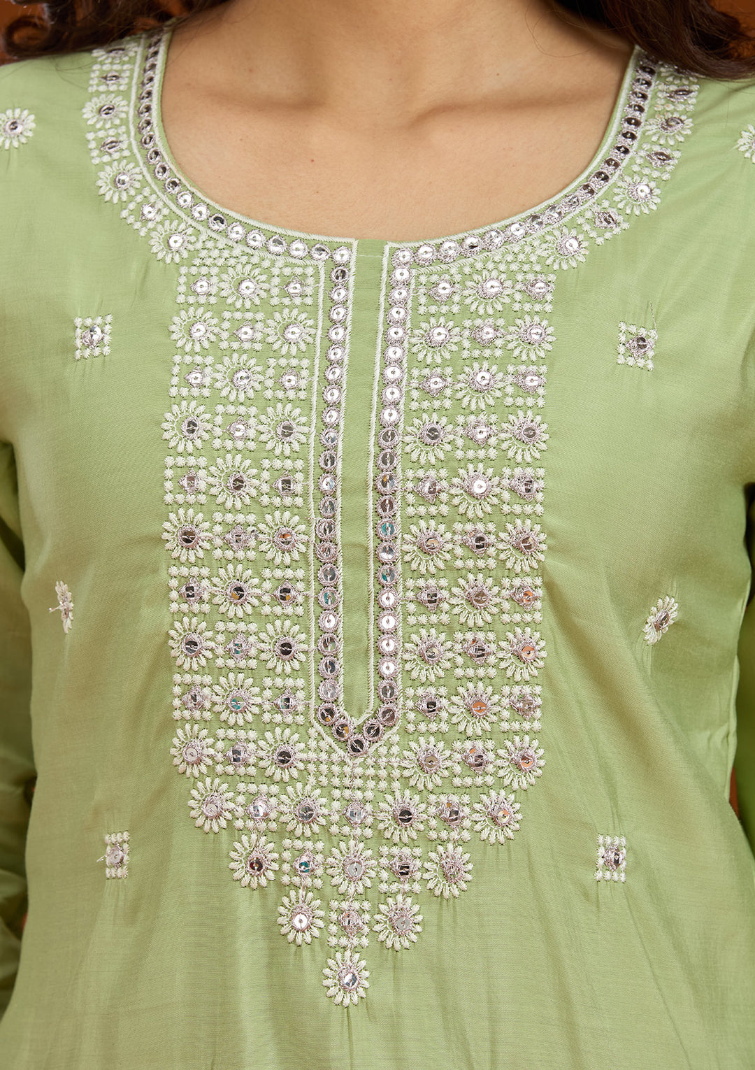 Pista Green Threadwork Semi Crepe Readymade Salwar Suit