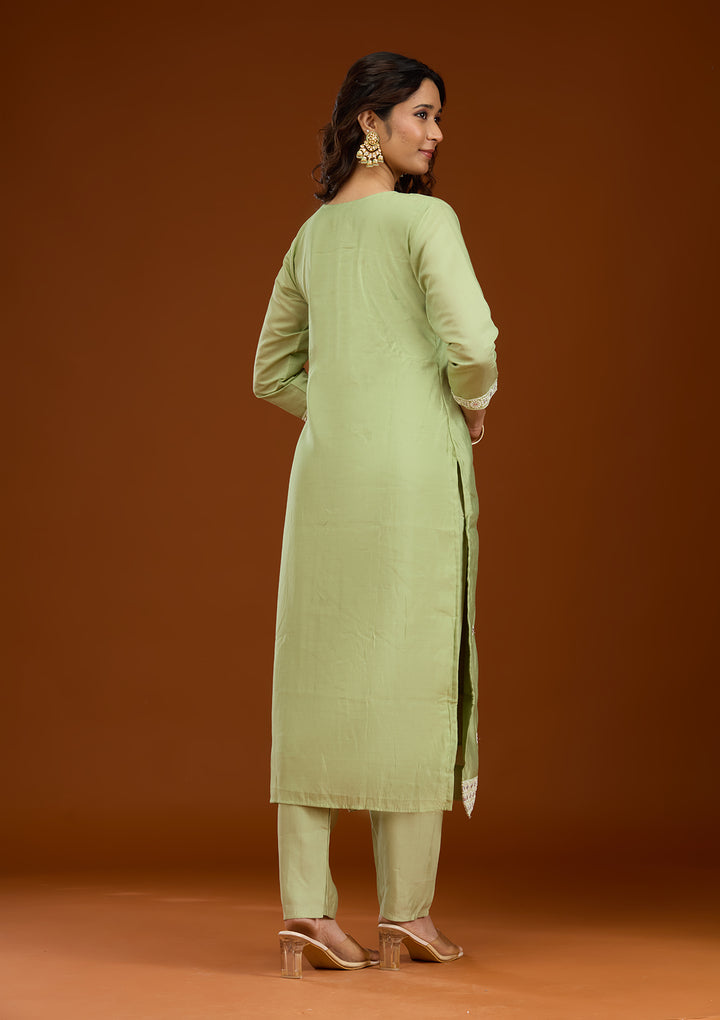 Pista Green Threadwork Semi Crepe Readymade Salwar Suit