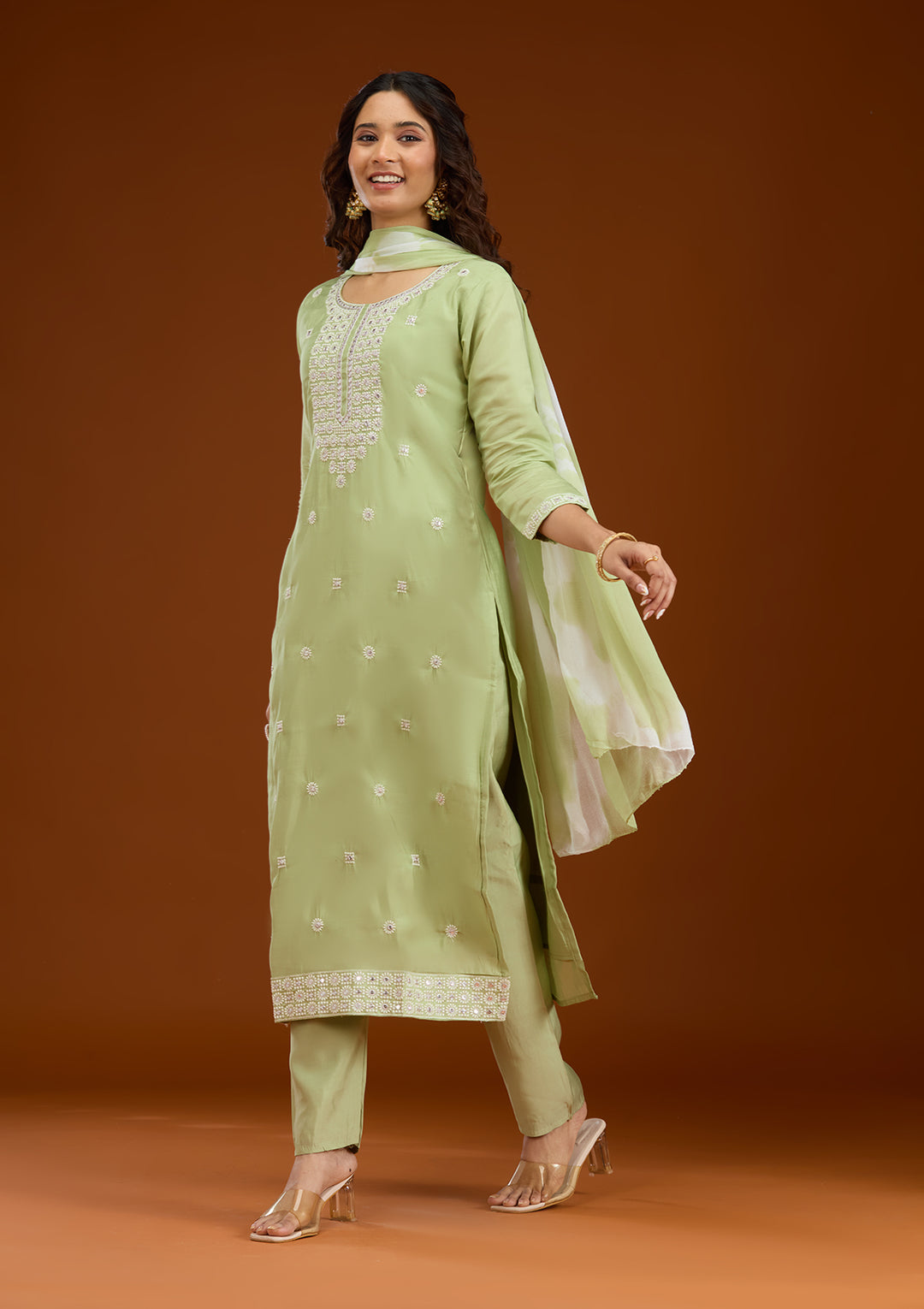 Pista Green Threadwork Semi Crepe Readymade Salwar Suit