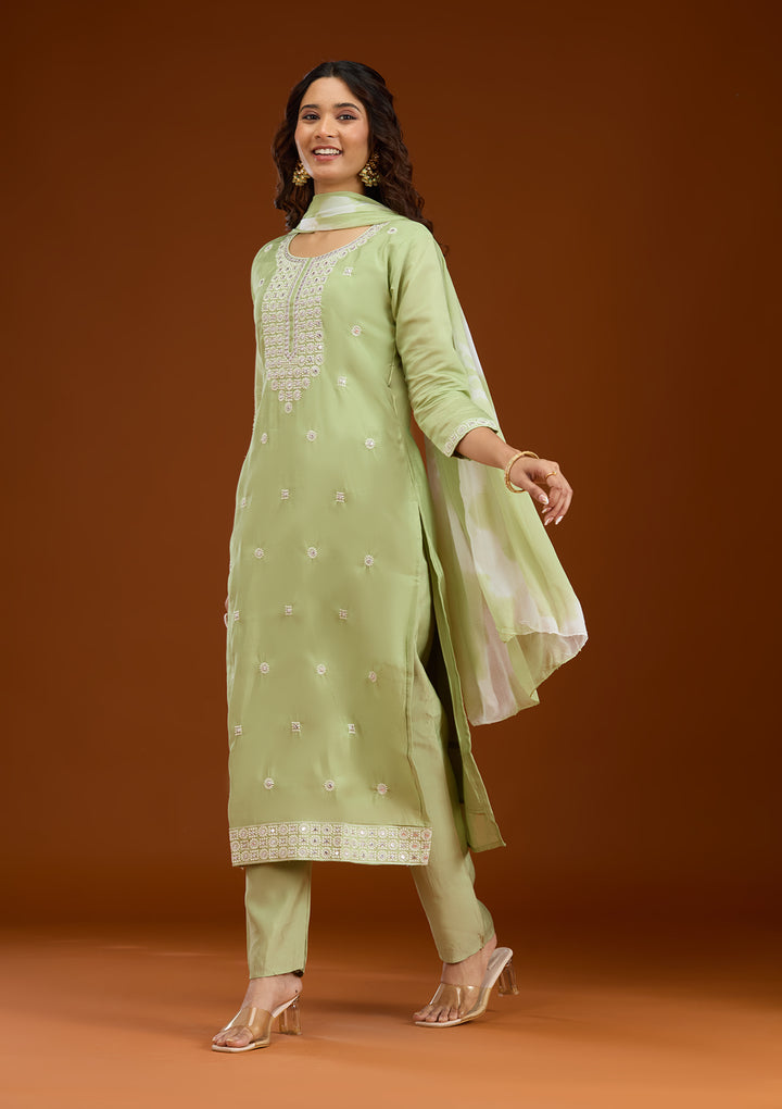 Pista Green Threadwork Semi Crepe Readymade Salwar Suit