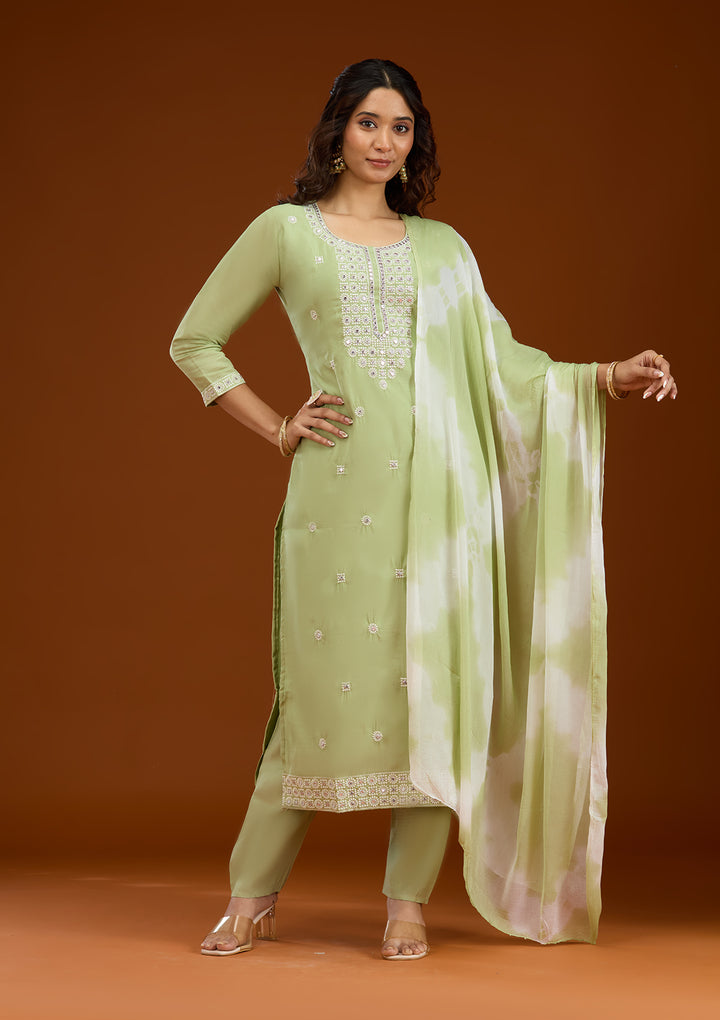 Pista Green Threadwork Semi Crepe Readymade Salwar Suit