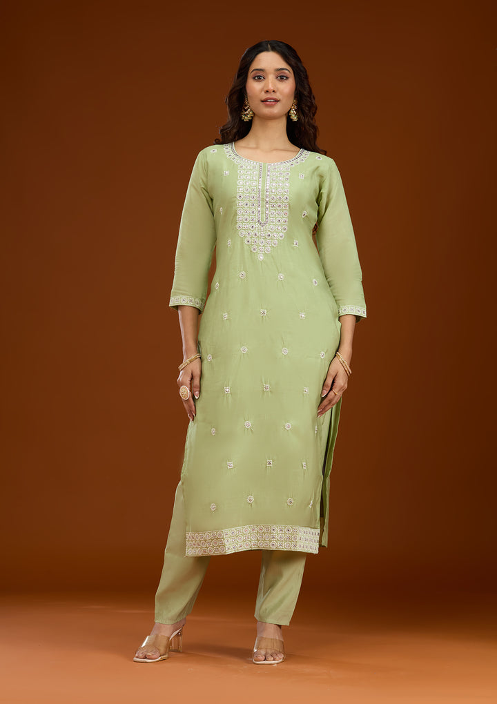 Pista Green Threadwork Semi Crepe Readymade Salwar Suit