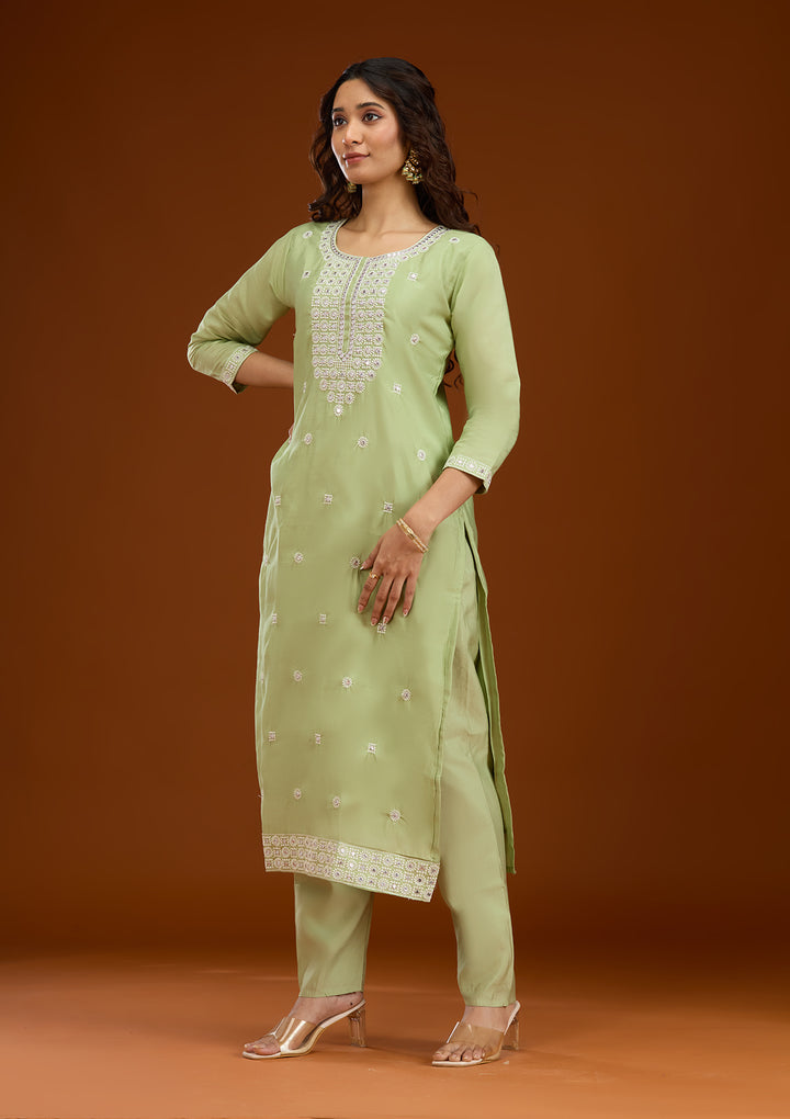 Pista Green Threadwork Semi Crepe Readymade Salwar Suit