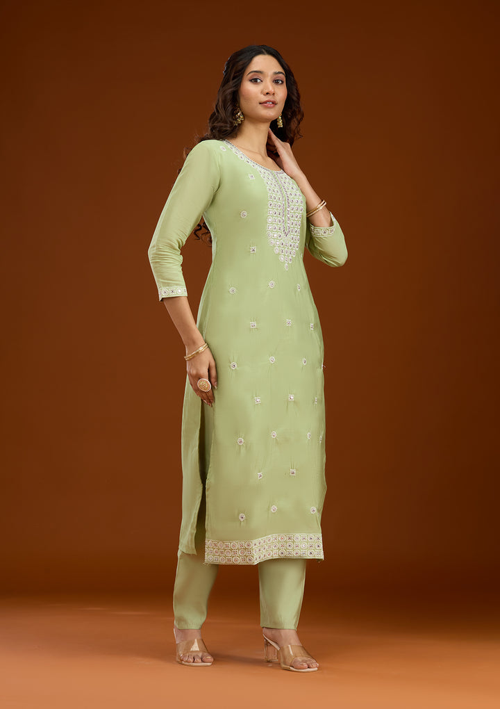 Pista Green Threadwork Semi Crepe Readymade Salwar Suit