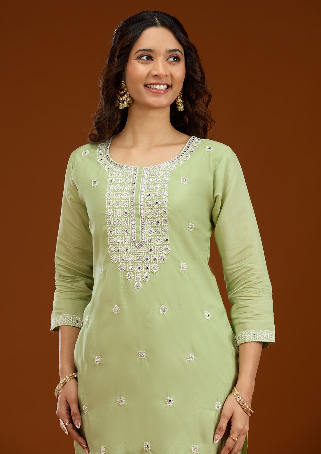 Pista Green Threadwork Semi Crepe Readymade Salwar Suit
