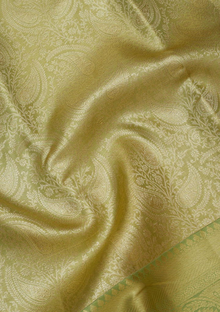 Pista Green Silk Jaal Gold Zariwork Saree With Matching Blouse Piece