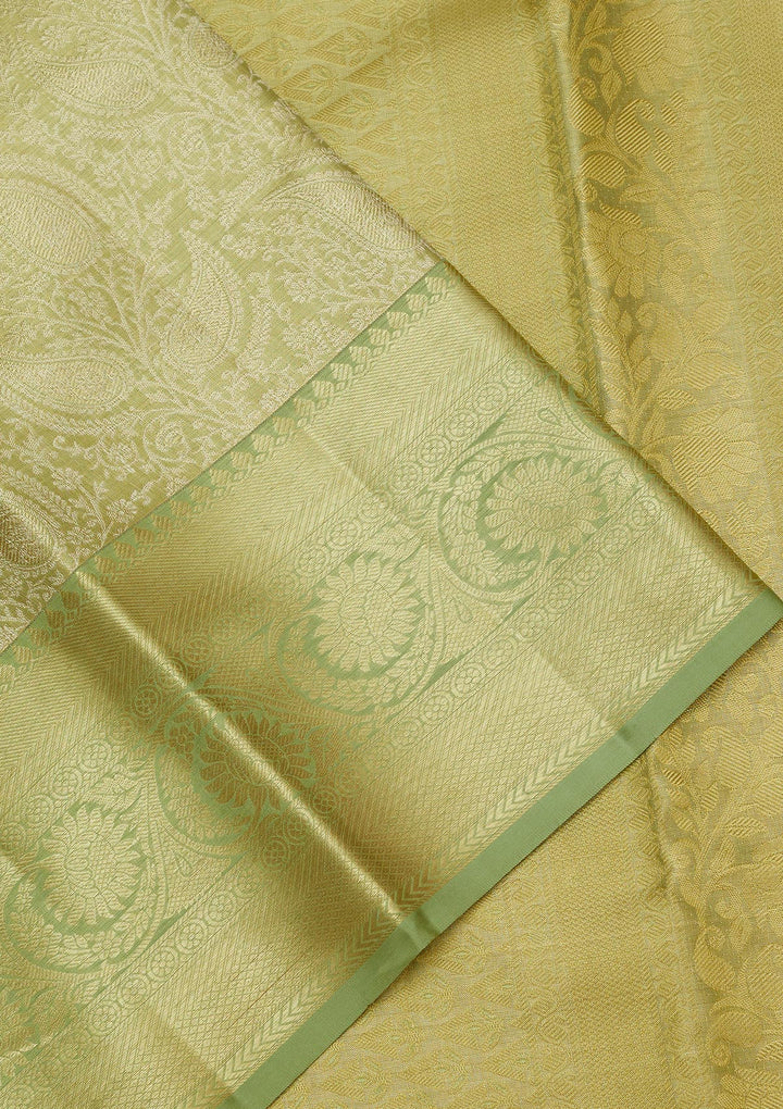 Pista Green Silk Jaal Gold Zariwork Saree With Matching Blouse Piece