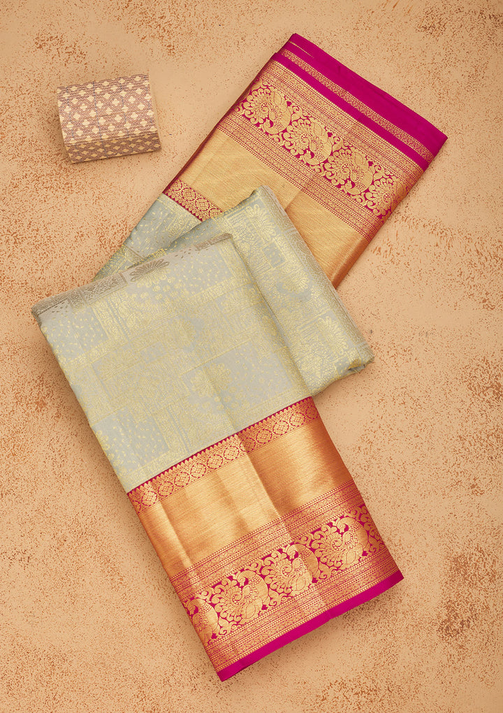 Pista Green Silk Jaal Gold Zariwork Saree With Matching Blouse Piece