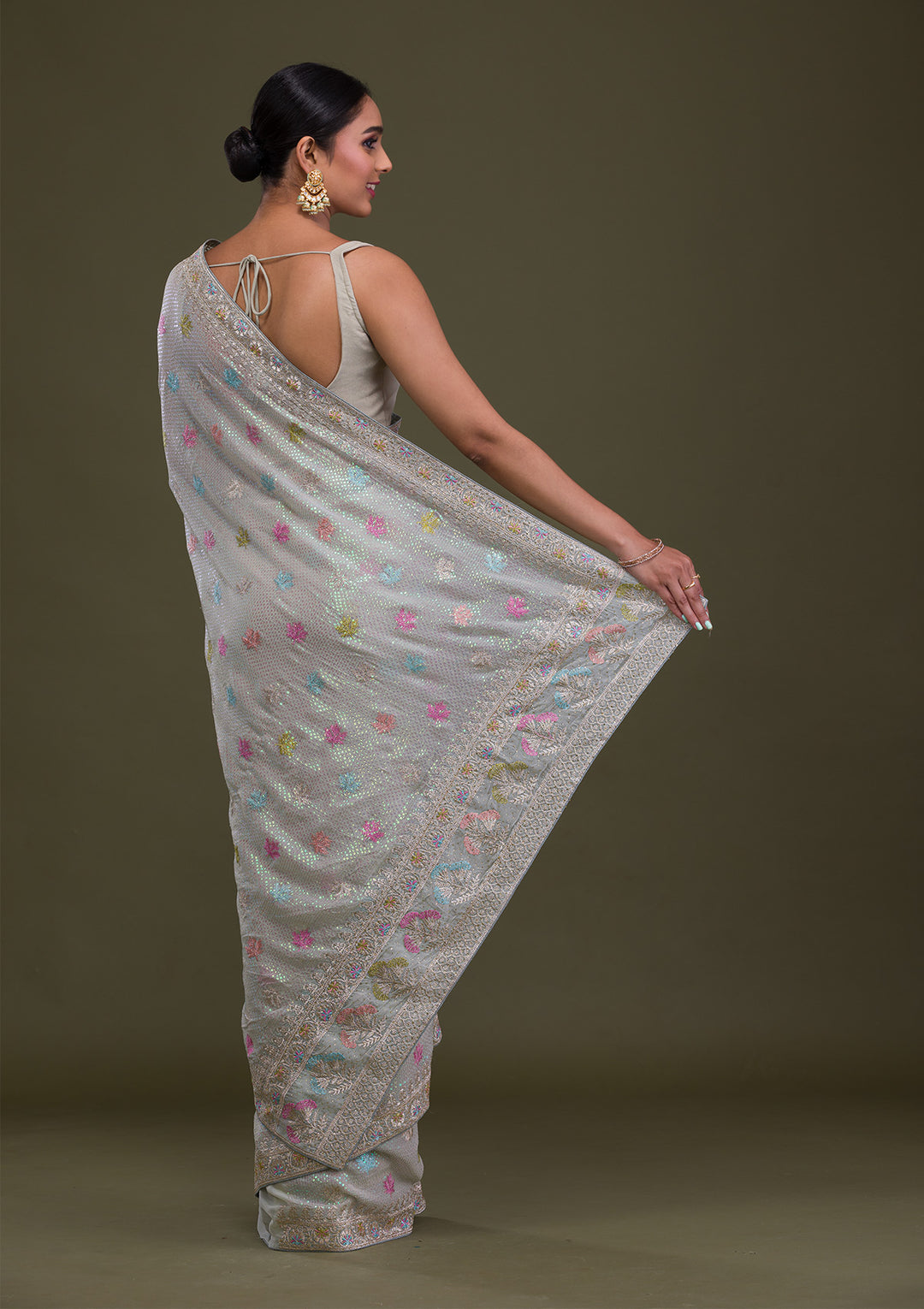 Pista Green Georgette Silver Zariwork Saree With Matching Blouse Piece