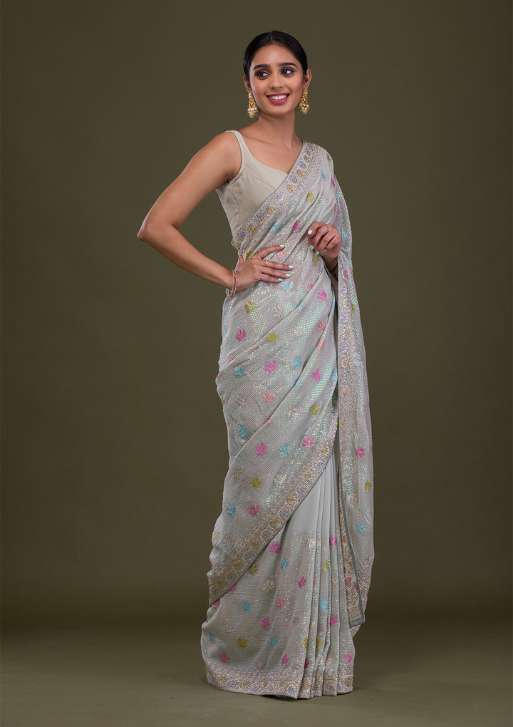 Pista Green Georgette Silver Zariwork Saree With Matching Blouse Piece