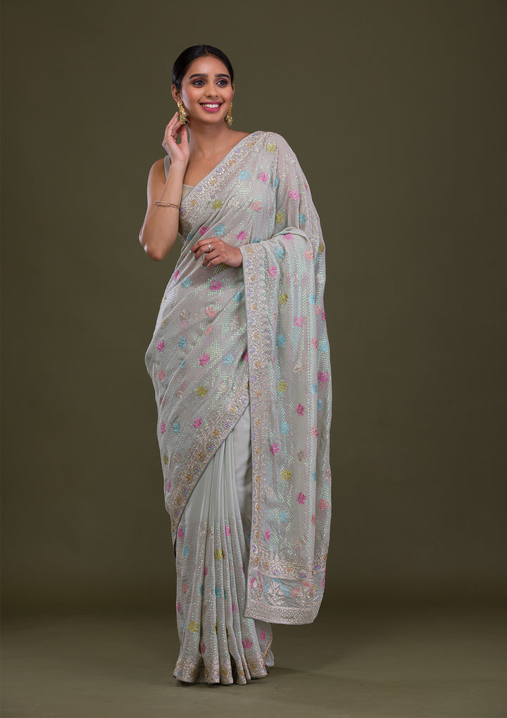 Pista Green Georgette Silver Zariwork Saree With Matching Blouse Piece