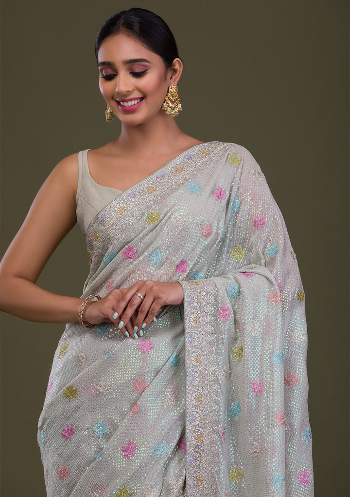 Pista Green Georgette Silver Zariwork Saree With Matching Blouse Piece