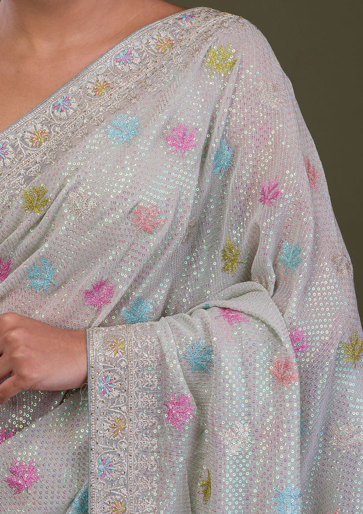 Pista Green Georgette Silver Zariwork Saree With Matching Blouse Piece