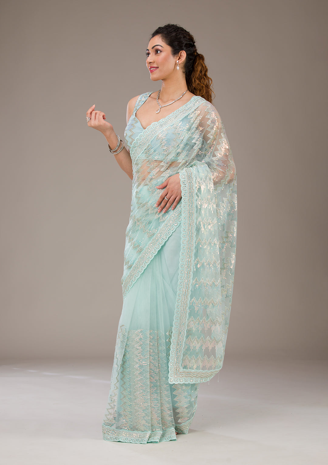 Pista Green Sequins Net Saree-Koskii