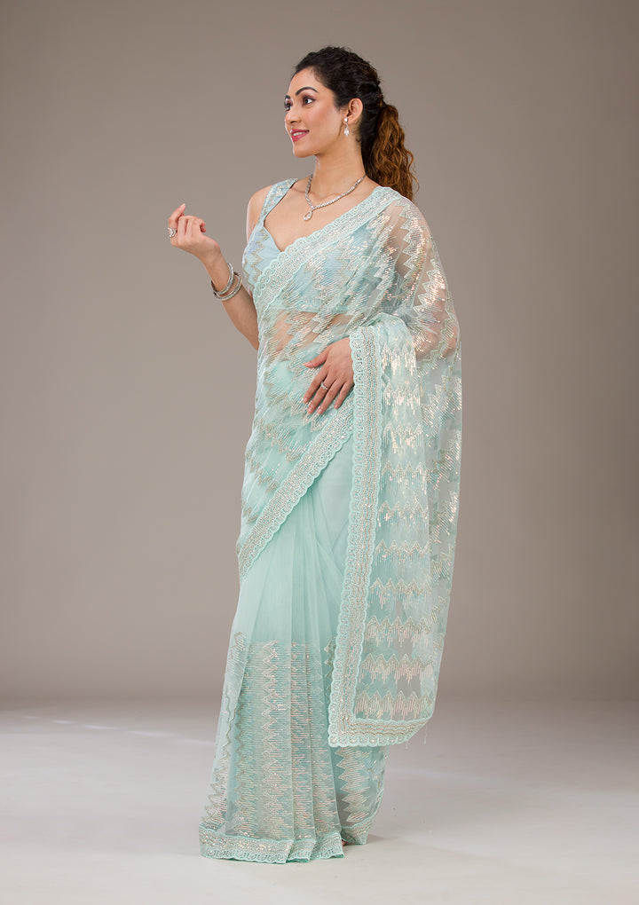 Pista Green Sequins Net Saree-Koskii