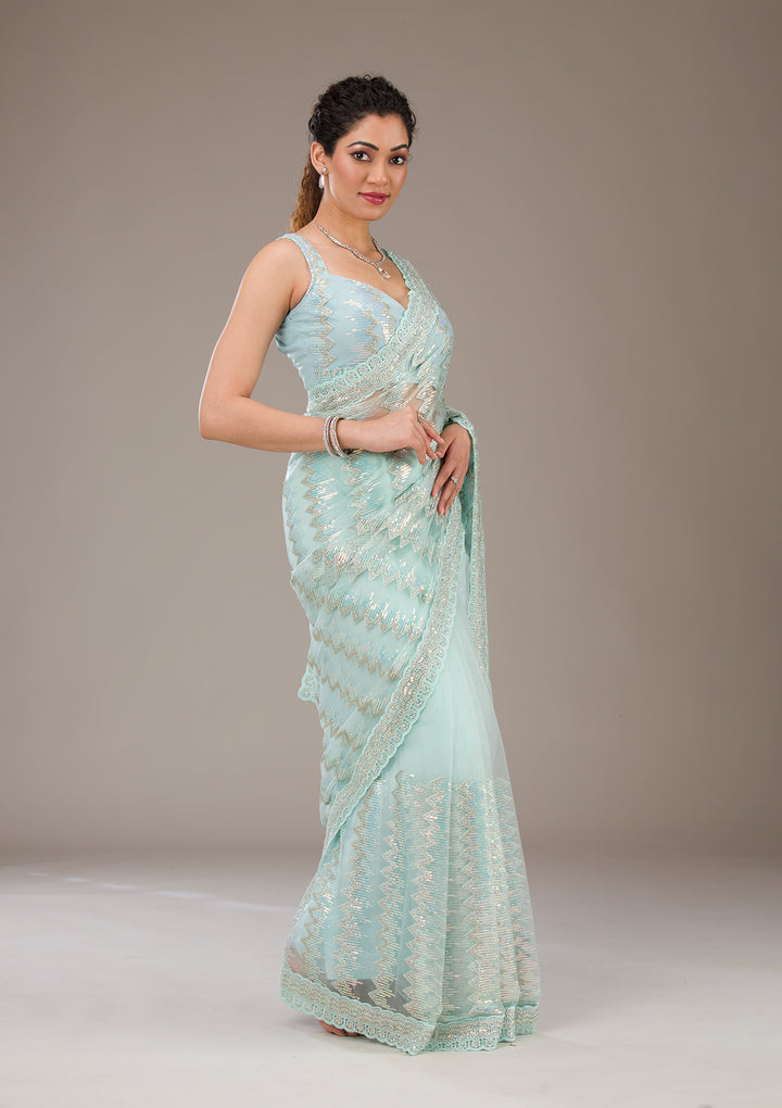 Pista Green Sequins Net Saree-Koskii