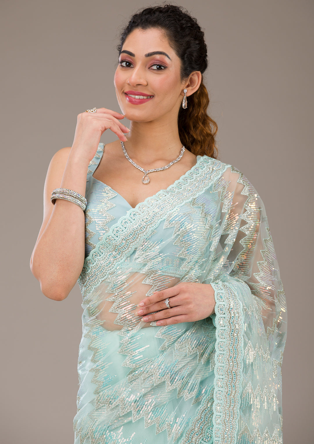 Pista Green Sequins Net Saree-Koskii