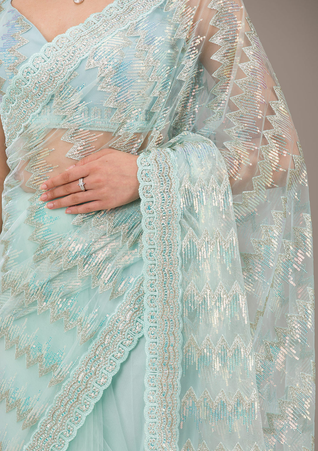 Pista Green Sequins Net Saree-Koskii