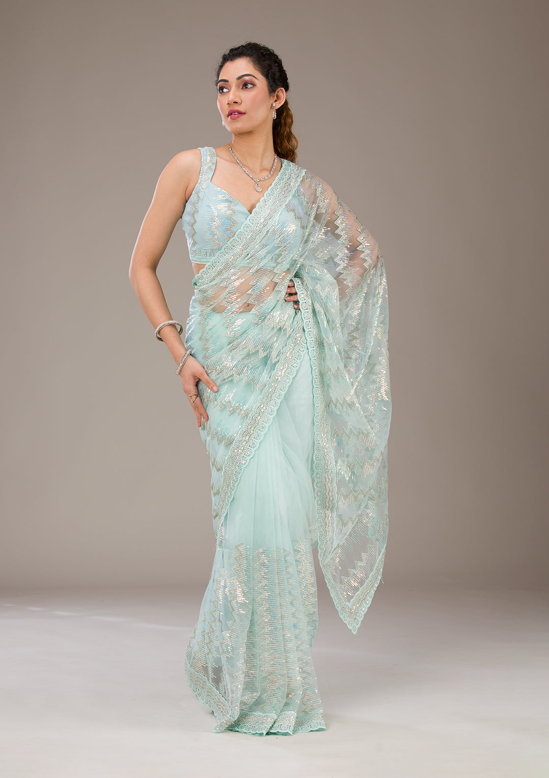 Pista Green Sequins Net Saree-Koskii