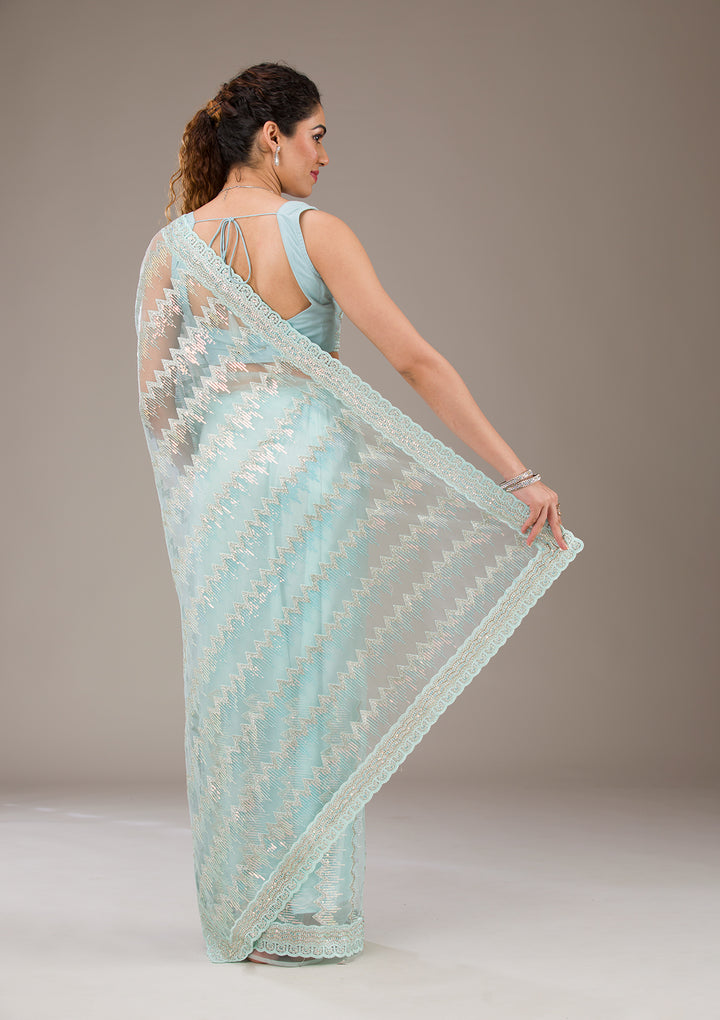 Pista Green Sequins Net Saree-Koskii