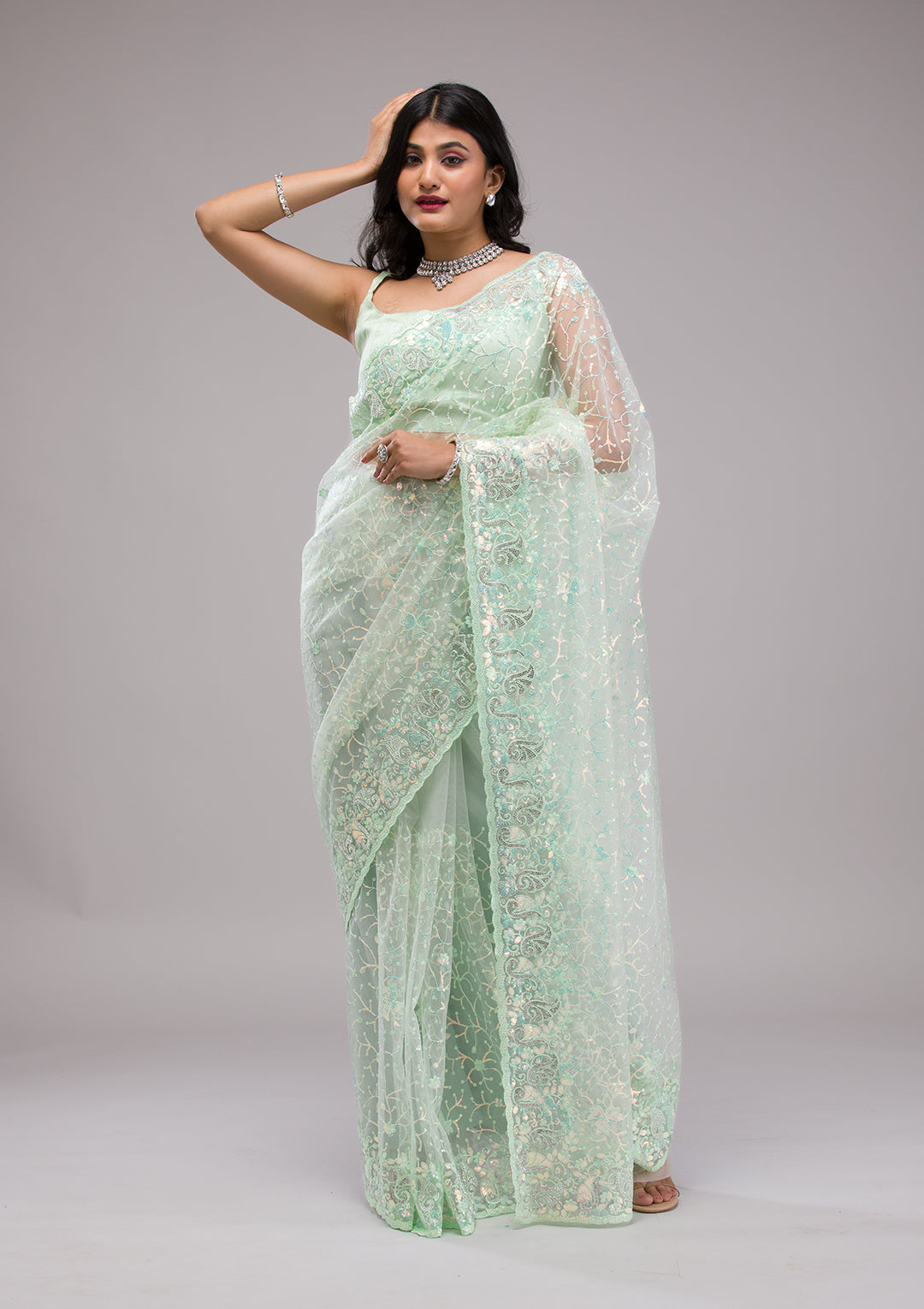Pista Green Sequins Net Saree