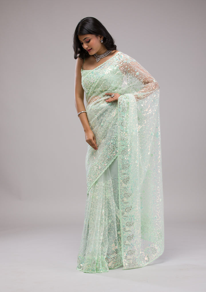 Pista Green Sequins Net Saree
