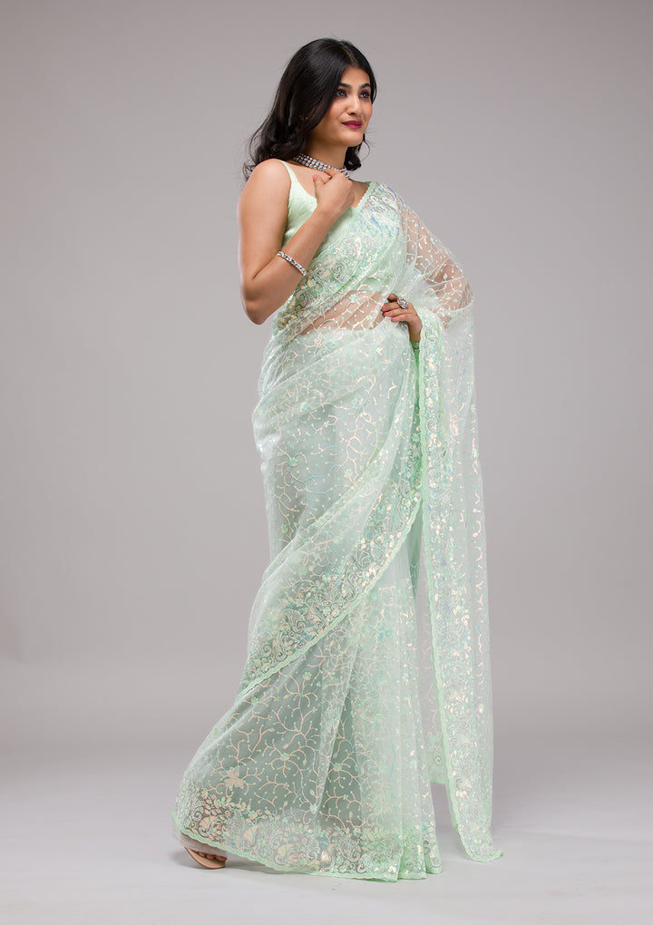 Pista Green Sequins Net Saree