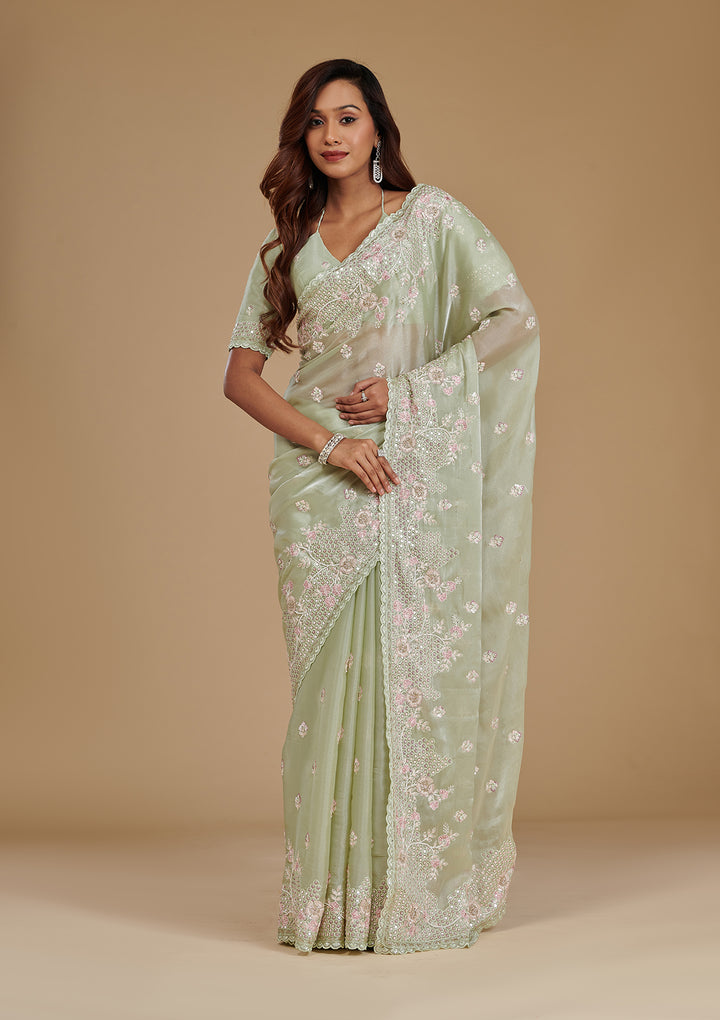 Pista Green Tissue Sequins Saree With Matching Blouse Piece