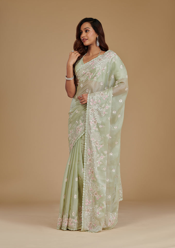 Pista Green Tissue Sequins Saree With Matching Blouse Piece
