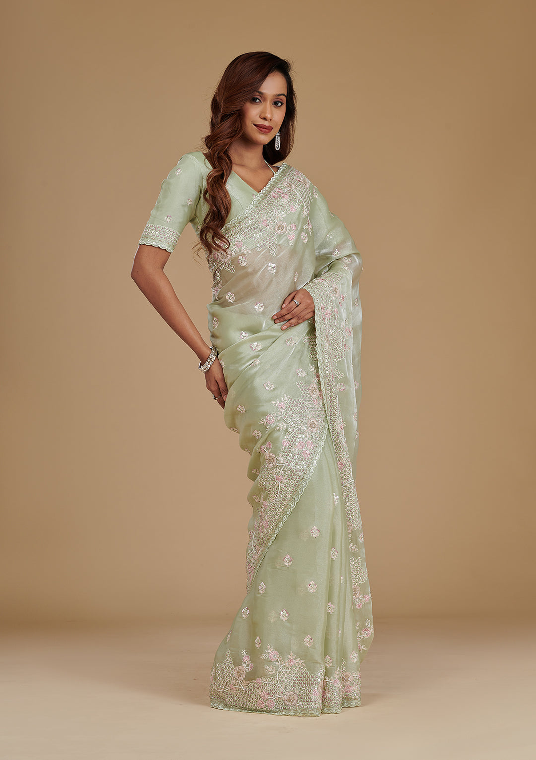 Pista Green Tissue Sequins Saree With Matching Blouse Piece