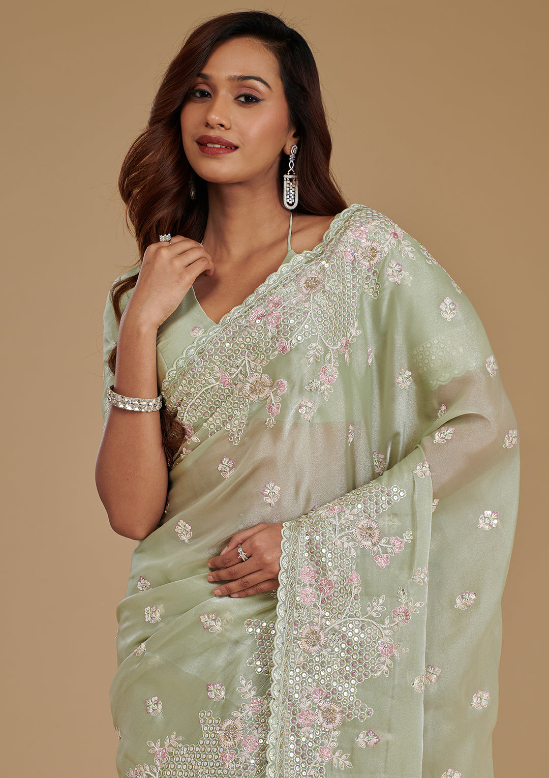 Pista Green Tissue Sequins Saree With Matching Blouse Piece