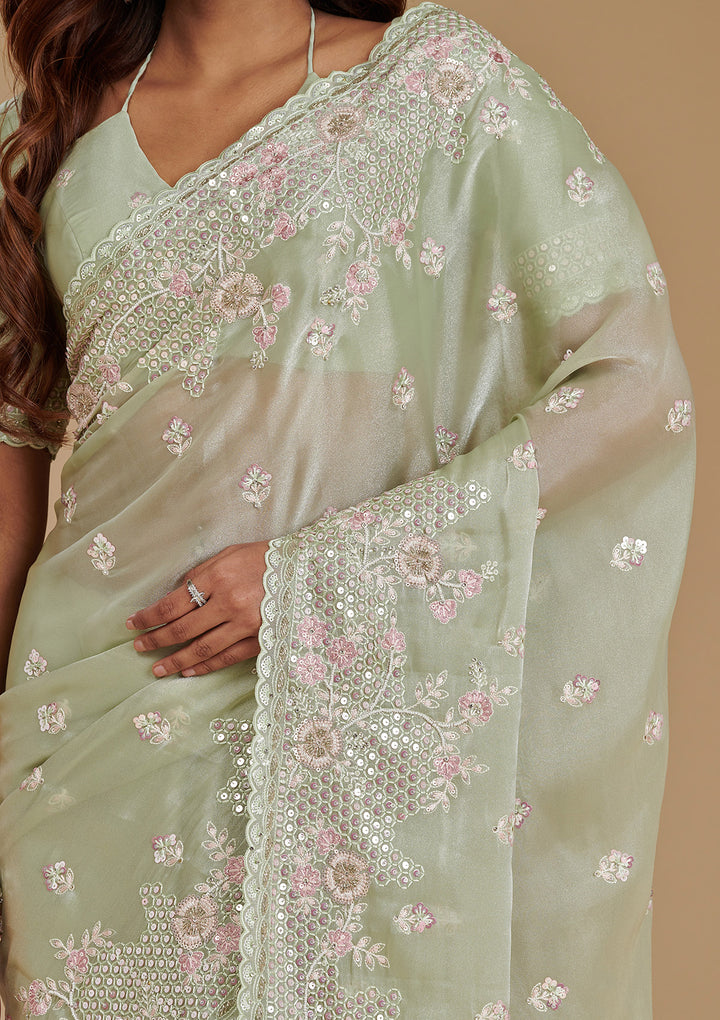 Pista Green Tissue Sequins Saree With Matching Blouse Piece