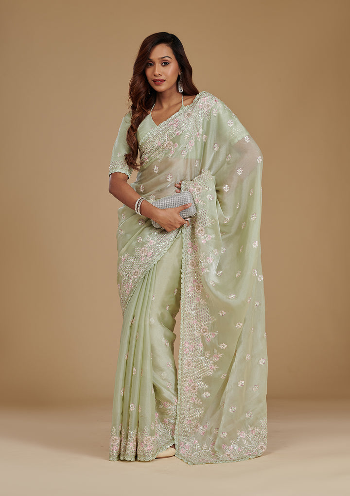 Pista Green Tissue Sequins Saree With Matching Blouse Piece