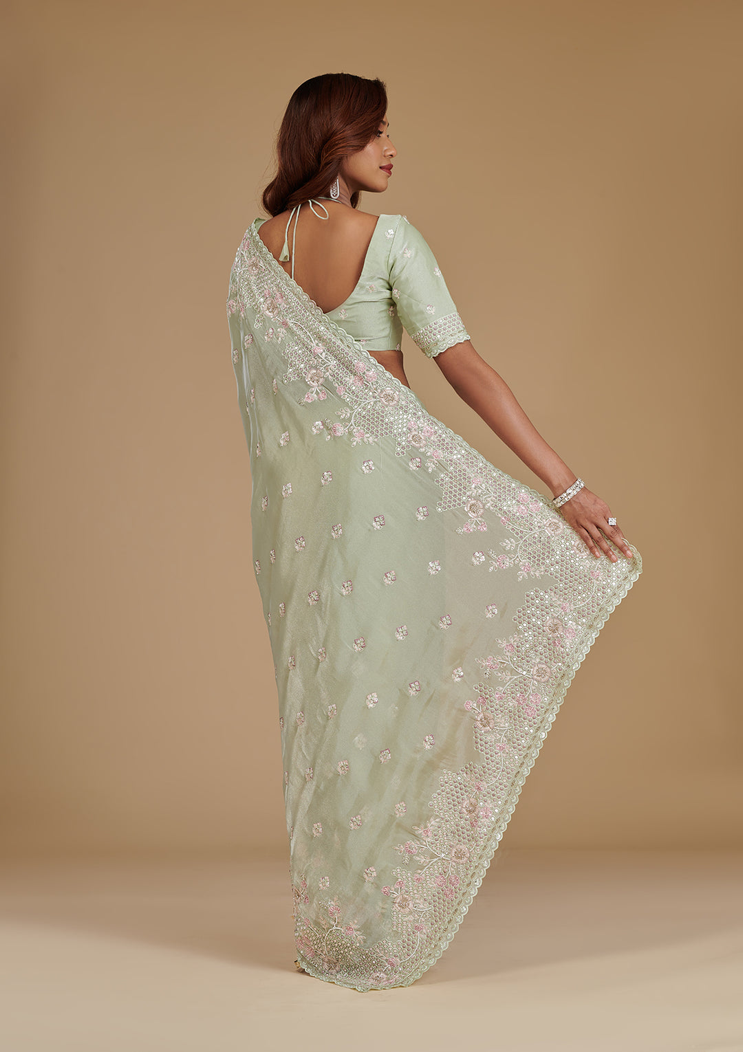 Pista Green Tissue Sequins Saree With Matching Blouse Piece