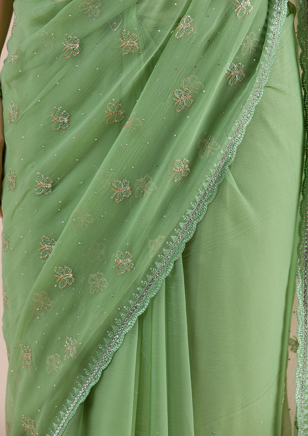 Pista Green Threadwork Chiffon Saree