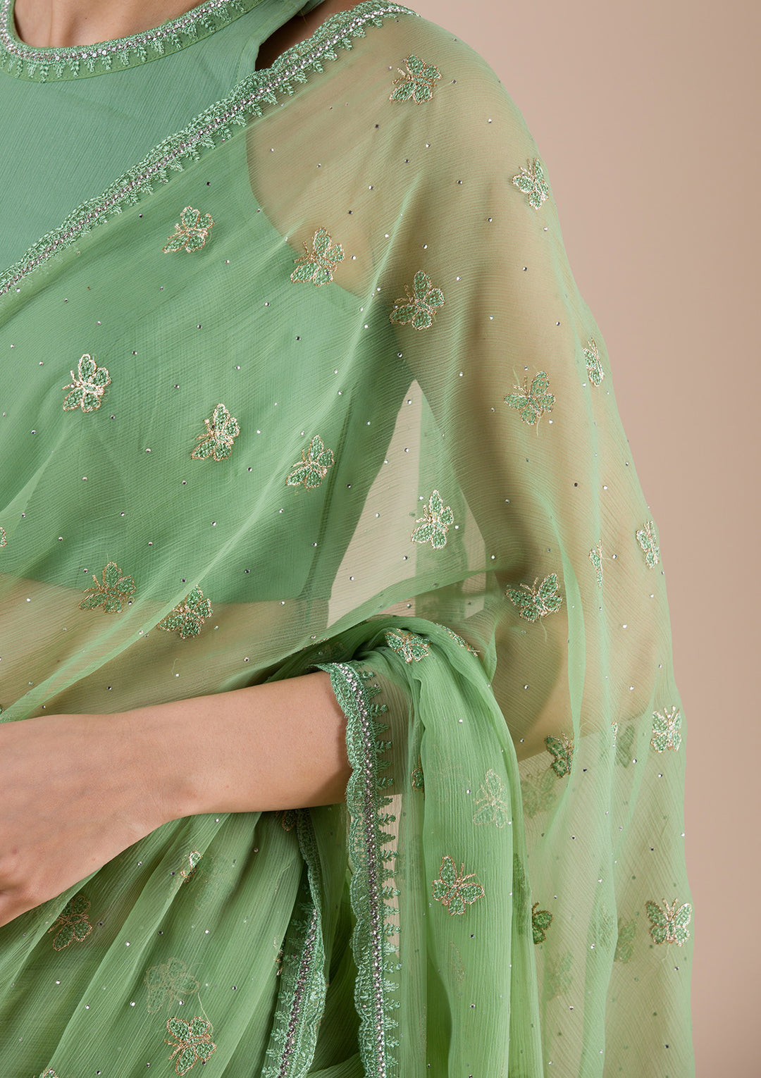 Pista Green Threadwork Chiffon Saree