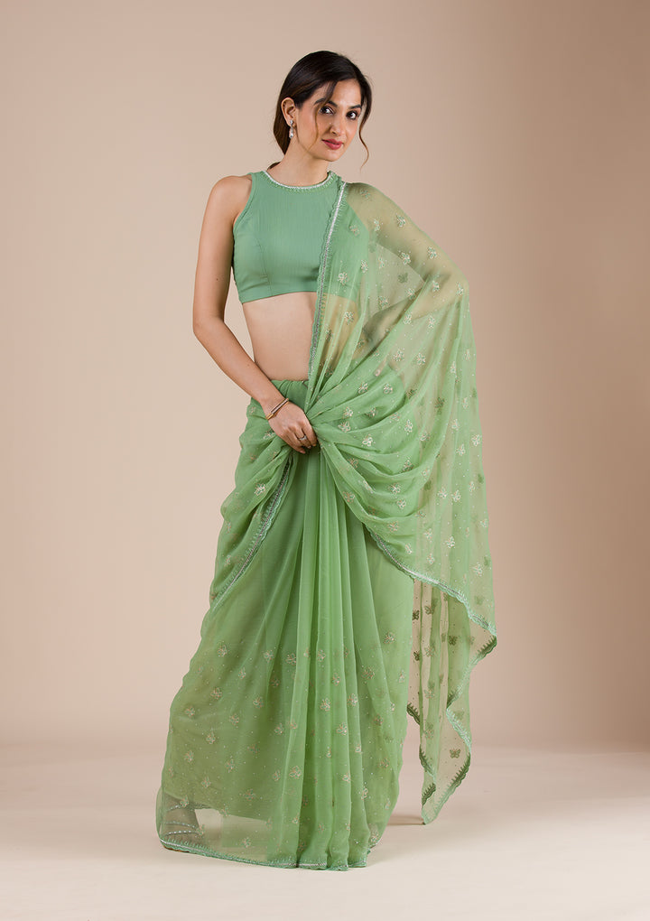 Pista Green Threadwork Chiffon Saree