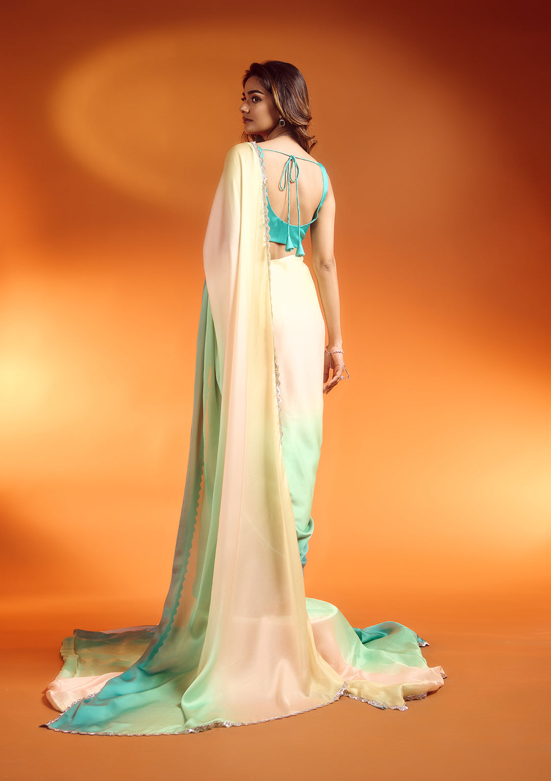 Pista Green Satin Silver Stonework Saree With Matching Blouse Piece