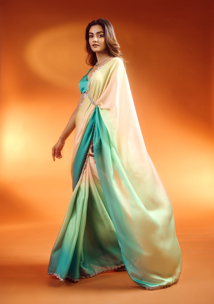 Pista Green Satin Silver Stonework Saree With Matching Blouse Piece