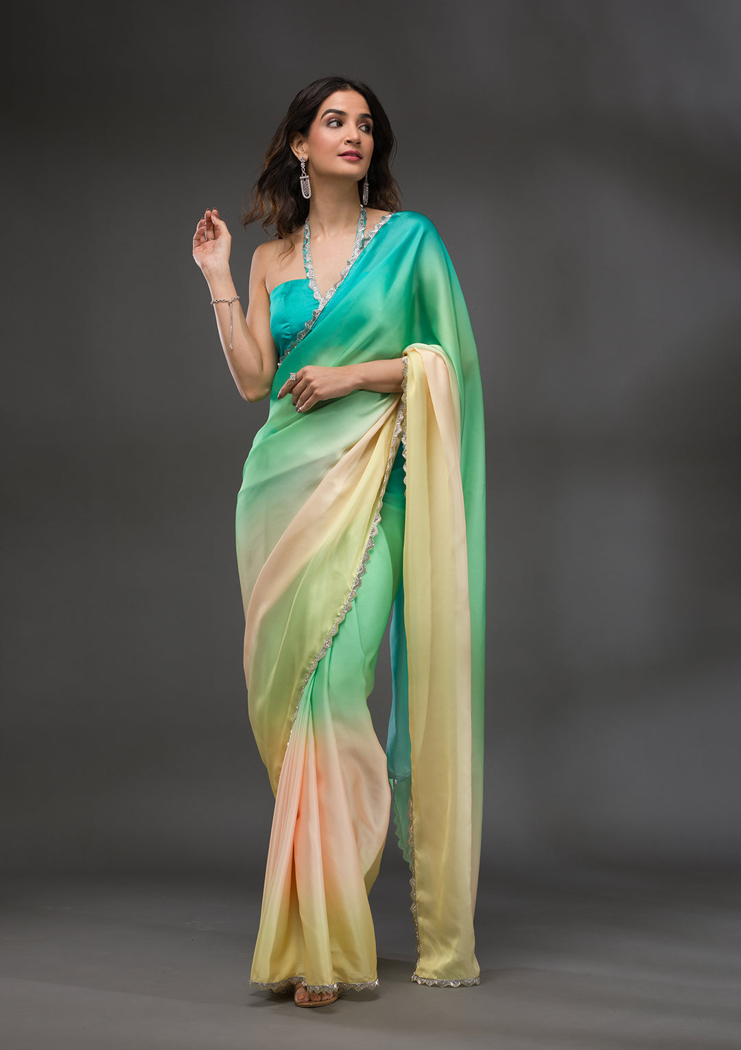 Pista Green Satin Silver Stonework Saree With Matching Blouse Piece