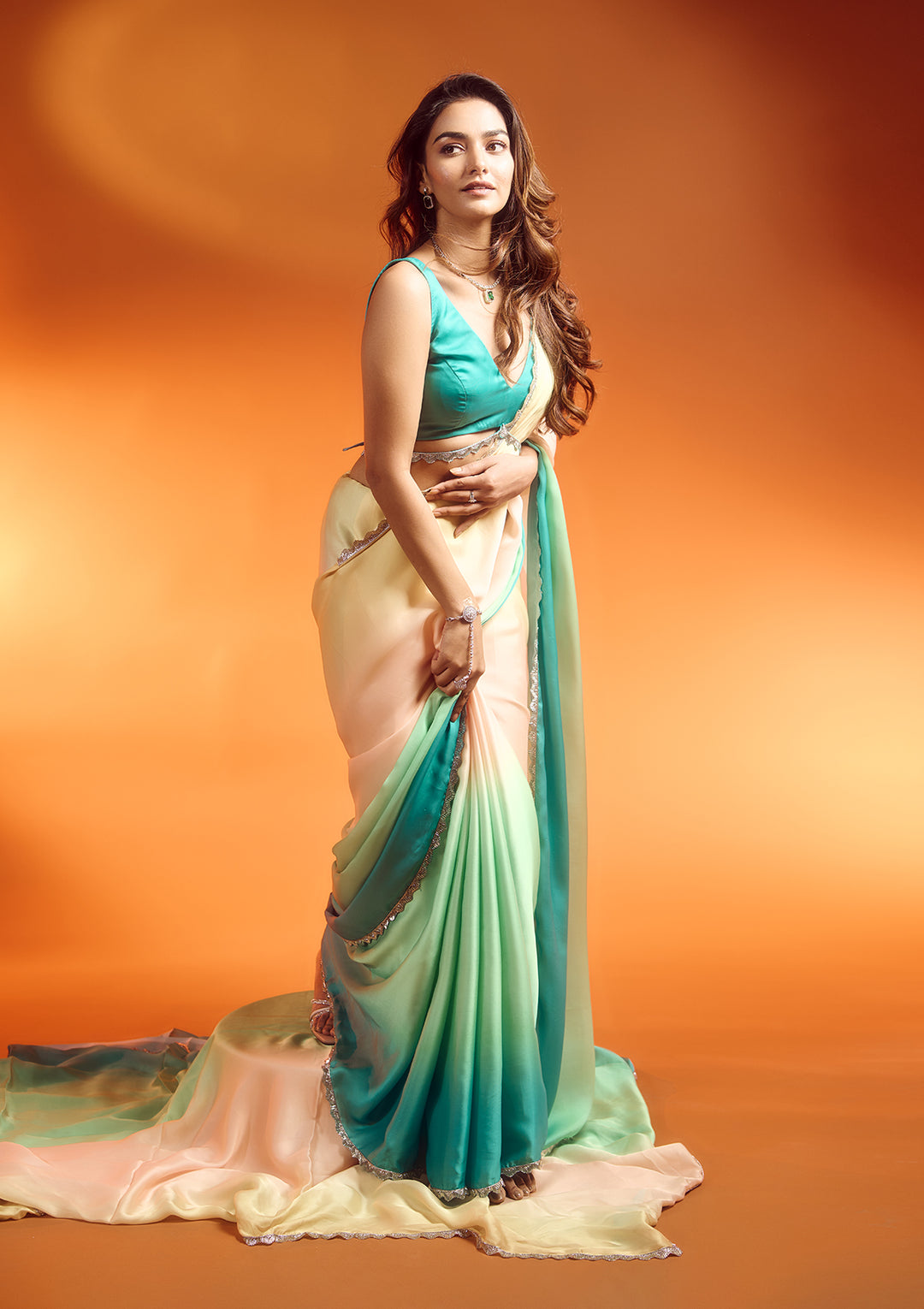 Pista Green Satin Silver Stonework Saree With Matching Blouse Piece