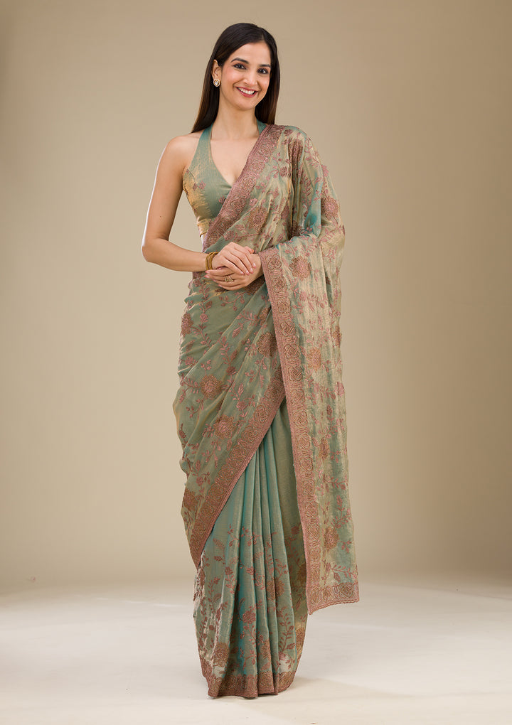 Pista Green Tissue Threadwork Saree With Matching Blouse Piece
