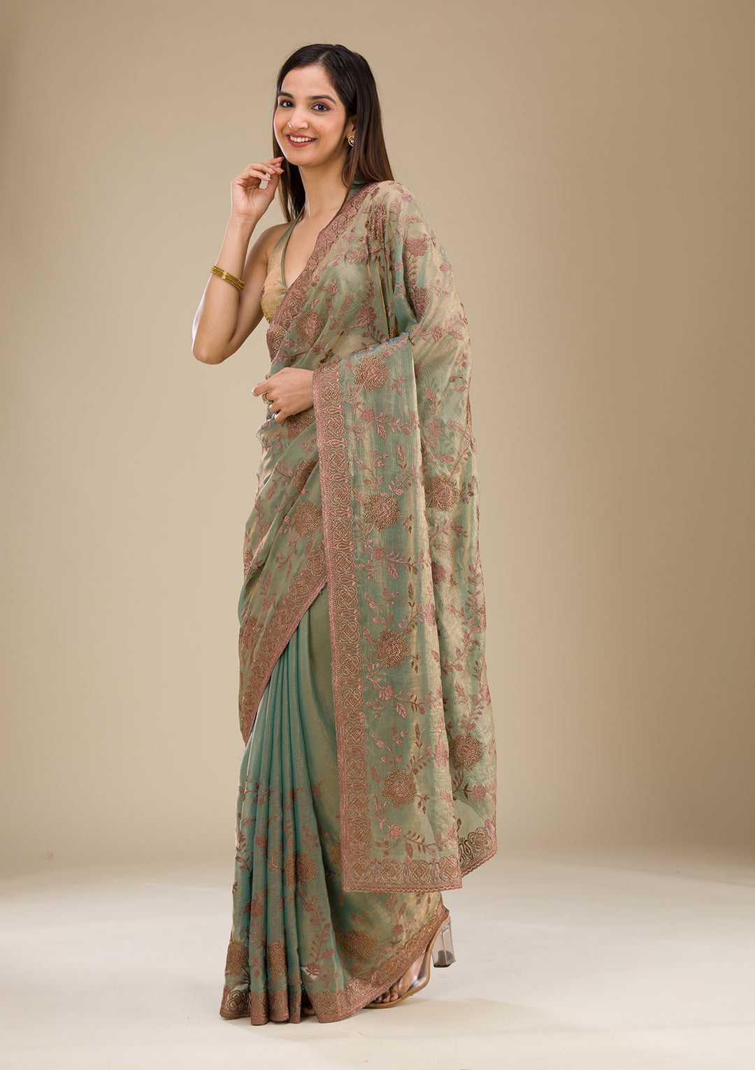 Pista Green Tissue Threadwork Saree With Matching Blouse Piece